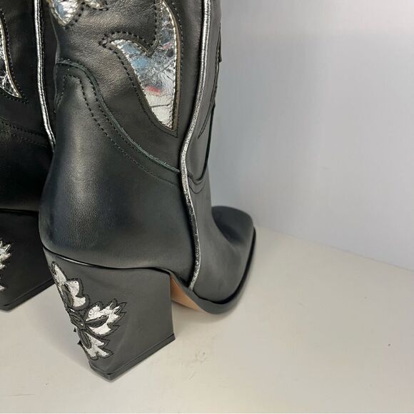 Free People Sparks Fly Cowboy Boots Black and Silver Pull‎ On Leather 6.5 NIB - Picture 7 of 16